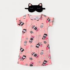 Camisola Infantil Feminina Rosa Gato com Máscara de Dormir