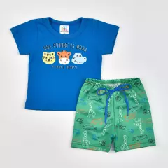 Conjunto para Bebe Menino Verão Blusa Azul Animais e Short Verde Estampado
