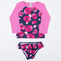 Conjunto Blusa Rosa com Protecão UV 50+ Floral e Calcinha de Biquíni
