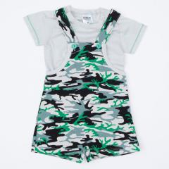 Jardineira de Verão Verde Militar com Blusa Branca Básica para Bebe Menino