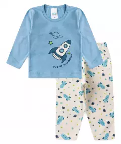 Pijama de Inverno para Bebe Menino Foguete Azul