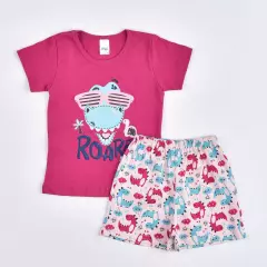Pijama de Verão Infantil Feminino Blusa Pink Dinossauro e Short Rosa
