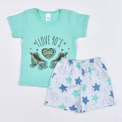 Pijama de Verão Infantil Feminino Blusa Verde Patins e Short Branco Estrela