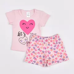 Pijama de Verão para Bebe Menina Blusa Rosa Coracão e Short Estampado