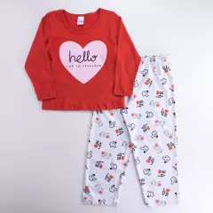 Pijama de Frio Blusa Vermelha Coracão e Calca Branca Estampada para Menina